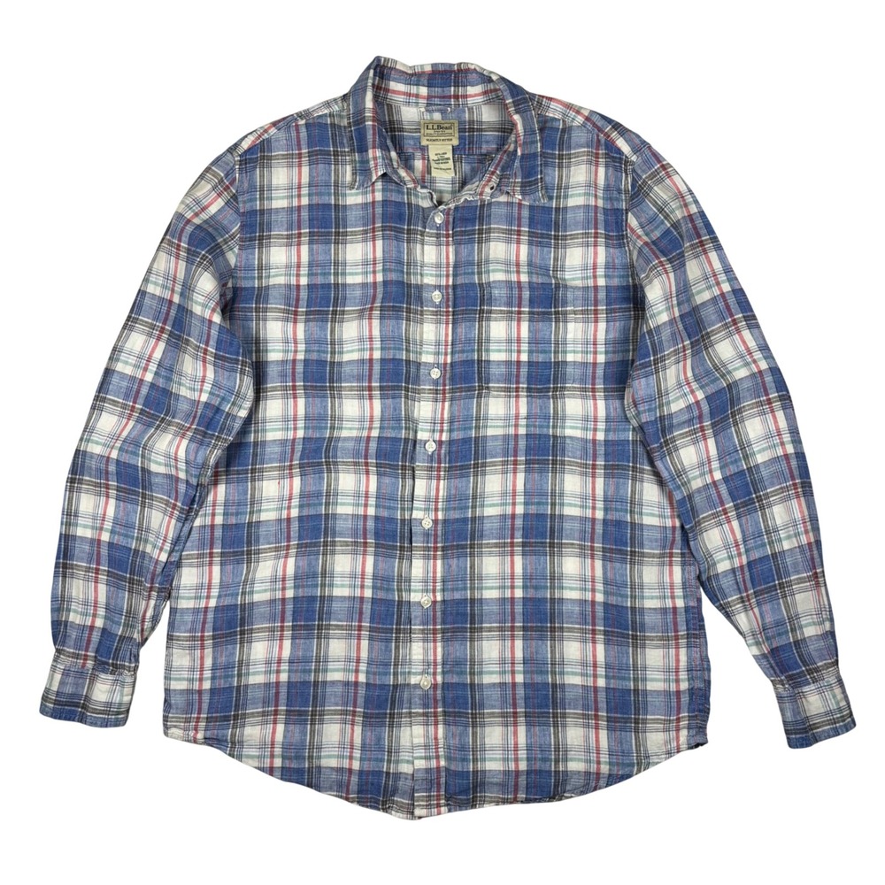 LL Bean Mens Shirt Large Tall Blue Red Plaid Linen Slightly Fitted 501965